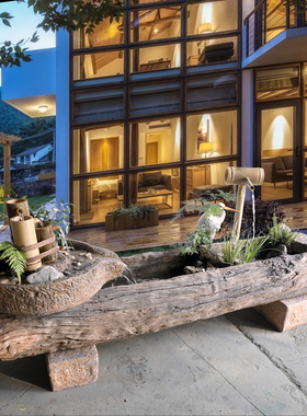 复古仿木石槽喷泉庭院竹子流水景观民宿摆件花园布置水池装饰