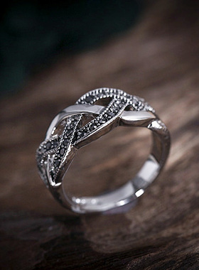 新品复古时尚装饰戒指树叶花藤编织镶钻戒指女个性树叶子食指尾戒