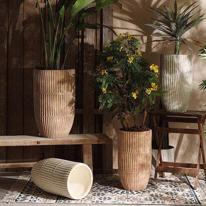 出口竖纹大花盆耐用水泥环保材料花缸玻璃钢复古落地高盆,淘宝优惠券,粉丝福利购,淘宝优惠卷