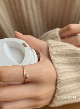 可调节戒指 高保色精致简约珍珠排锆开口戒 百搭韩国气质网红戒指