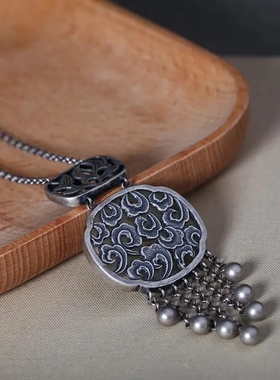 复古 镀925银毛衣链吊坠富贵玉竹镂空做旧工艺流苏长款项链女国风