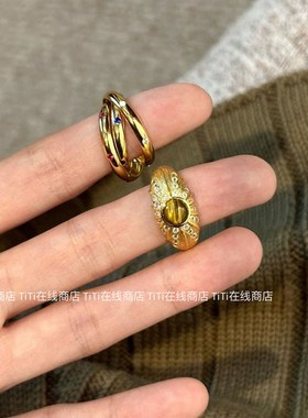 太爱了~小众设计轻奢食指戒时尚尾戒复古拉丝虎眼石方钻宽版戒指