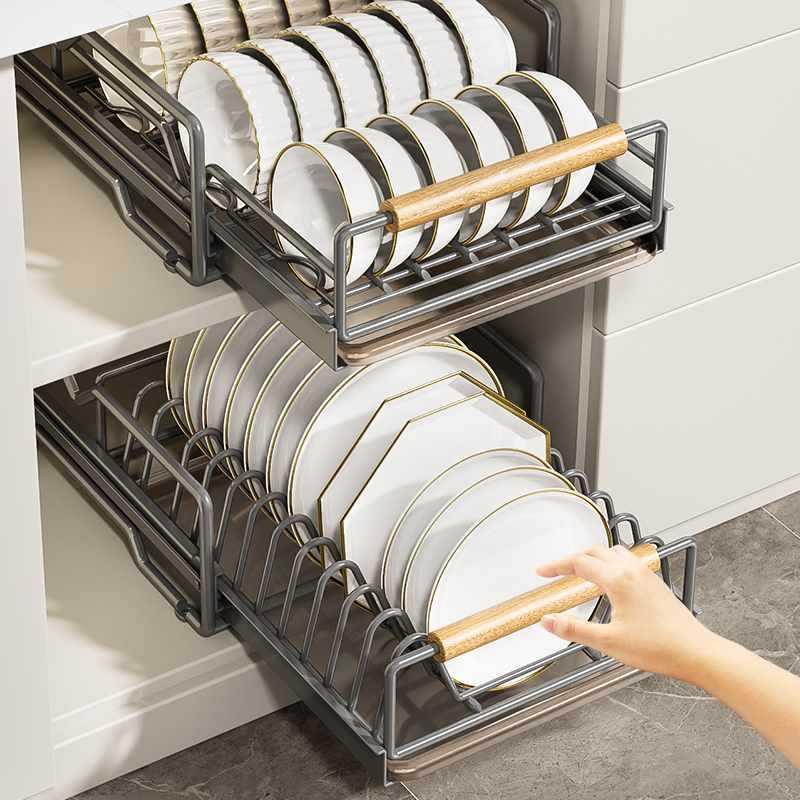 厨房置物架碗碟收纳架橱柜内分层抽屉超深抽拉拉篮沥水碗盘架1366 - 图0