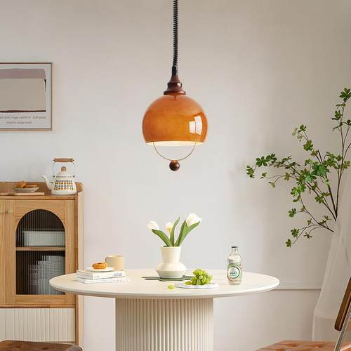 中古诧寂风吊灯可伸缩餐厅吧台灯日式实木复古岛台玻璃餐桌饭厅灯 - 图0