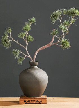 仿真中式松客迎盆景摆件植物陶瓷花瓶套厅客装桌面装饰品假花松树