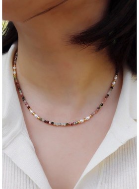 法式小众复古文艺彩色碧玺真石淡水米粒珍珠串珠短款细项链锁骨链