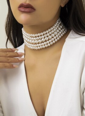 个性五排仿珍珠项链女 2023夏季时尚夸张优雅气质舞台表演配饰
