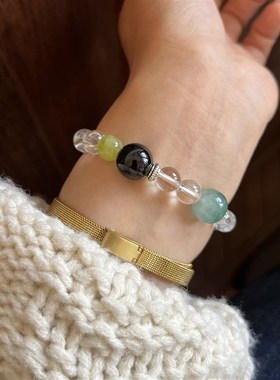 盎然 天然冰透白水晶绿玉髓古物配色五路财神配件弹力双圈手串