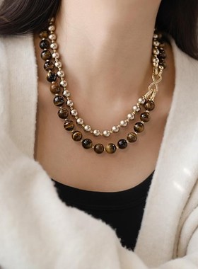 高品质~美拉德天然虎眼石金棕珍珠双层项链女毛衣链多种戴法配饰