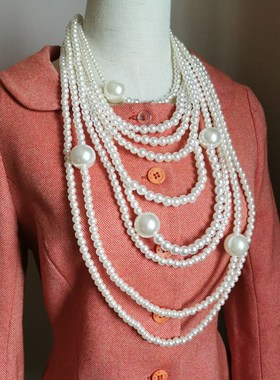 [美芽的店]复古造型重工人造大珍珠叠戴项链毛衣链披肩