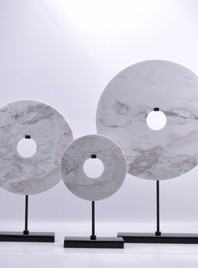 新中式样板房摆件家居客厅软装饰品大理石金属玉石平安扣玉扣摆设