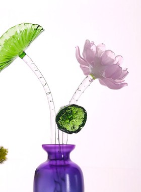 高端轻奢琉对莲花花瓶一璃客关插花仿真花入户玄厅装饰电视柜摆件