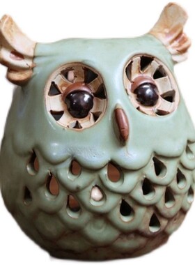 复古乡村风格陶瓷釉面猫头鹰装饰烛台创家意居摆件