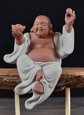 紫砂大肚佛陶瓷元宝自在笑佛家居客厅装饰摆件