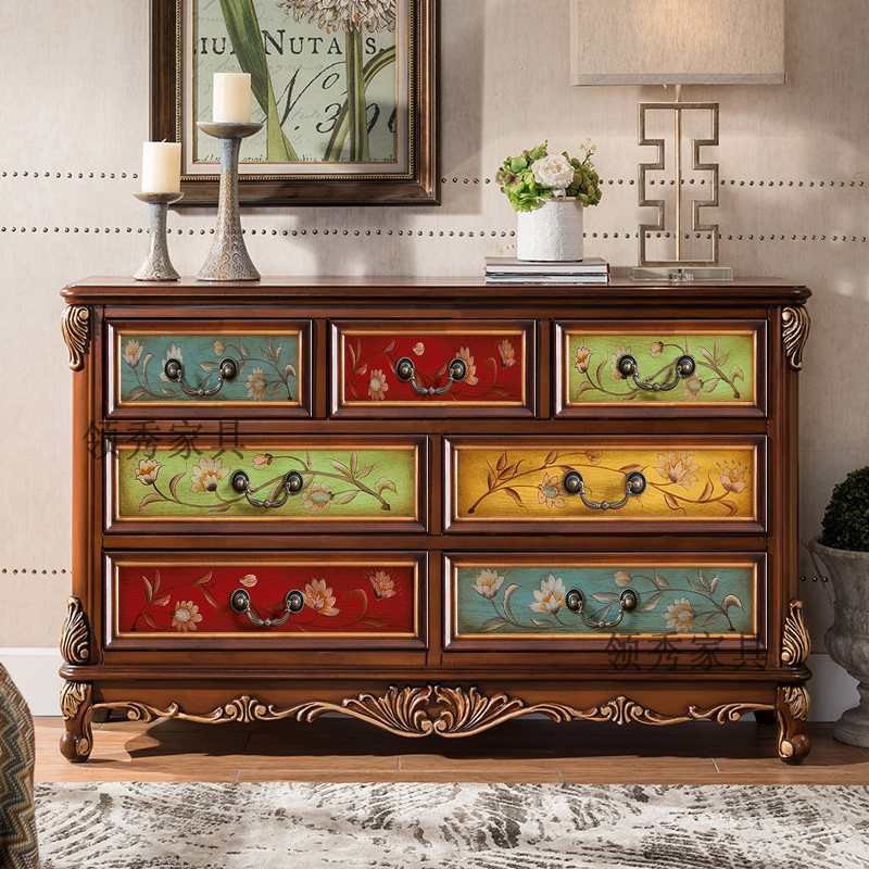 乡村复古实木斗柜收纳柜轻奢卧室欧式五斗柜玄关柜客厅彩绘,淘宝优惠券,粉丝福利购,淘宝优惠卷