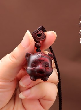 高档红檀木十二生肖项链男女百搭复古毛衣链长短款吊坠本命年属相