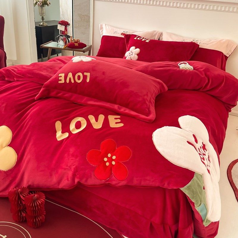 甜蜜欢喜贴布绣秋冬款红色法兰绒加厚床单,淘宝优惠券,粉丝福利购,淘宝优惠卷