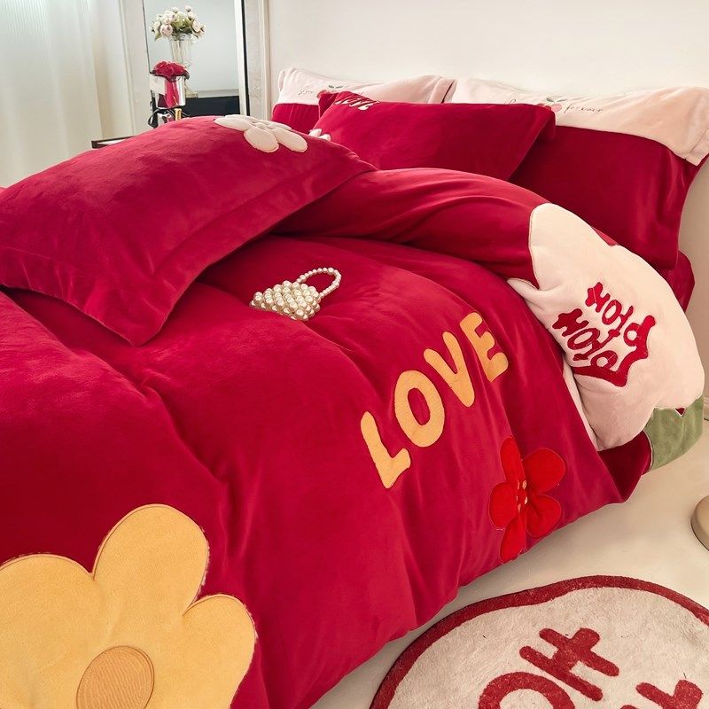 甜蜜欢喜贴布绣秋冬款红色法兰绒加厚床单,淘宝优惠券,粉丝福利购,淘宝优惠卷
