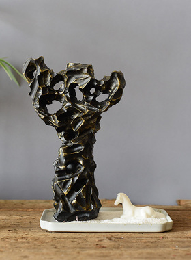 新中式太湖石假山陶瓷马托盘摆件书房茶几书柜样板间软装饰品