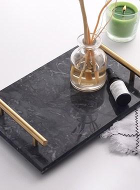 小西家 风天然大理石金手柄托盘 首饰盘置物收纳盘家居摆件