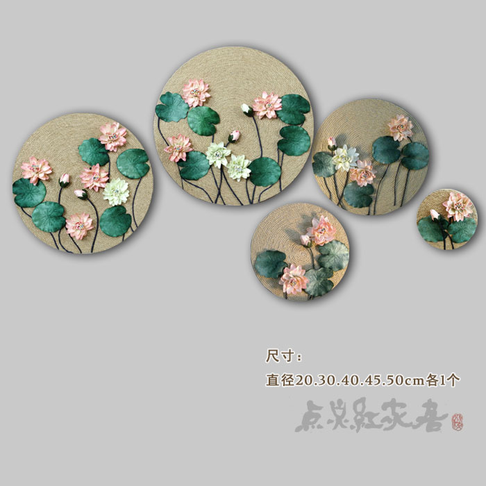 荷塘月色莲花仿真布艺麻绳圆形装饰画家居壁饰挂件干花玄关墙饰 - 图2