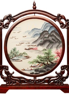 苏州刺绣摆件新中式客厅桌面手工双面山水台屏红木古典中国风礼品