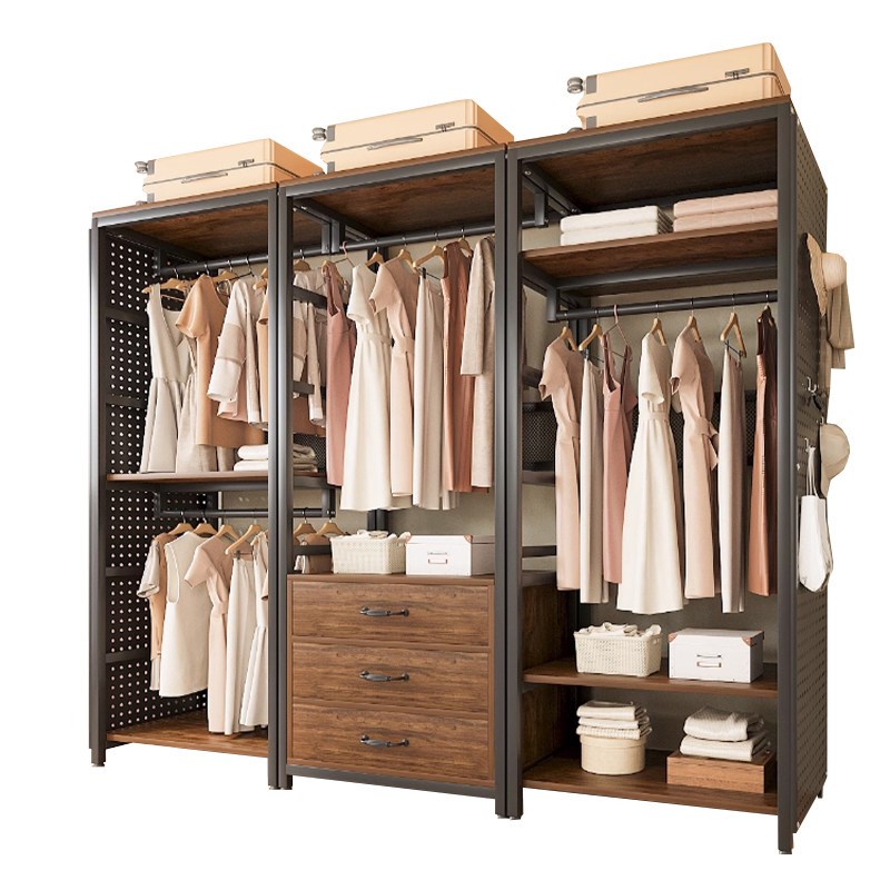 Clothes rack floor-standing home perforated board open wardrobe bedroom walk-in clothes rack with dust-proof curtain wardrobe