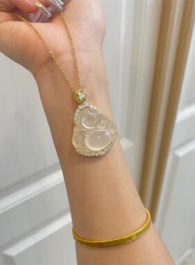 网红精美天然高冰玉髓佛公黄钻招财佛公玉髓吊坠项链