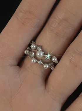 双层锆石珍珠戒指轻奢高级感时尚个性开口可调节指环冷淡风食指戒