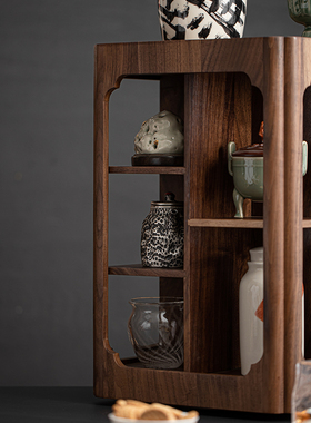 北美黑胡桃木旋转玲珑阁家用桌面收纳茶柜摆件茶具茶壶茶杯架子