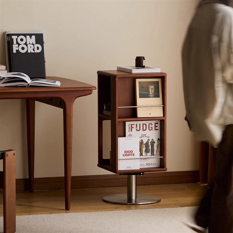 复古可旋转边柜白蜡木储物收纳柜卧室实木中古旋转书架沙发侧边柜 - 图0