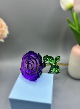 紫色玫瑰花+花瓶水晶玫瑰花摆件女士客厅桌面装饰品中式工艺品