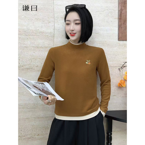 谦曰2025新款秋冬季双面德绒保暖内搭打底衫减龄显瘦纯色长袖T恤 - 图1