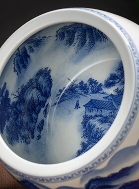 饰瓷手客青花瓷聚宝盆绘厅入口桌面中式装陶物鱼缸