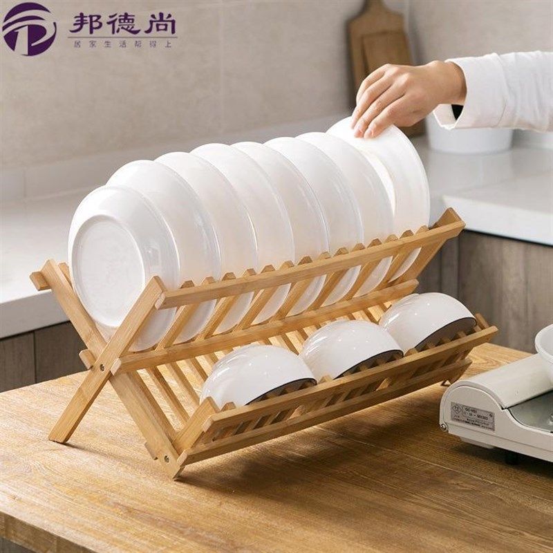 放碗架子餐具架双层厨房沥水碗架楠竹碗碟架收纳可折叠沥碗,淘宝优惠券,粉丝福利购,淘宝优惠卷