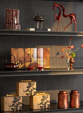 新中式样板间售楼处茶室书架博古架禅意摆件组合陈列室软装饰品