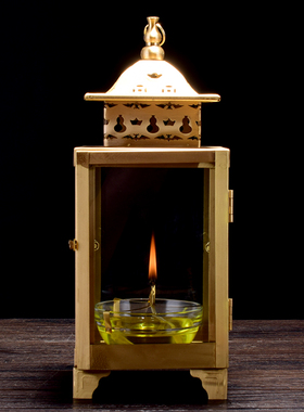 四面天灯家用点香防风铜油灯纯黄铜灯盏玻璃碗液体灯