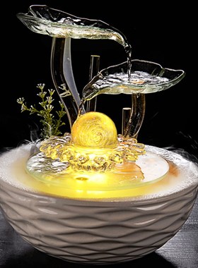 乔迁送礼客厅装饰品流水桌面小喷泉摆设陶瓷轮创意加湿器摆件