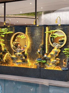大型水幕墙流水屏风公司酒店庭院隔断假山流水客厅循环水落地摆件