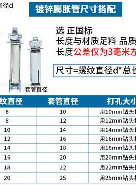 M6M8M10 铁膨胀螺丝 国标镀锌膨胀螺栓 内膨胀加长拉爆螺栓 6折