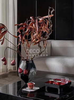 厅居新中式设计客家茶几装饰盖碗云纹盘盘木托饰染银茶具摆件