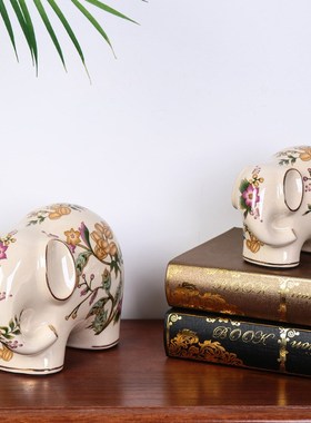 美式陶瓷招财大象客厅高级感欧式摆件复古玄关工艺品瓷器创意