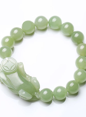 和田玉手串青玉湖水绿圆珠貔貅玉石手链男女款送证书支持复检