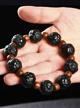 新疆和田玉黑踏青玉一细料仿古兽头精雕手串高档男女墨玉手链礼物