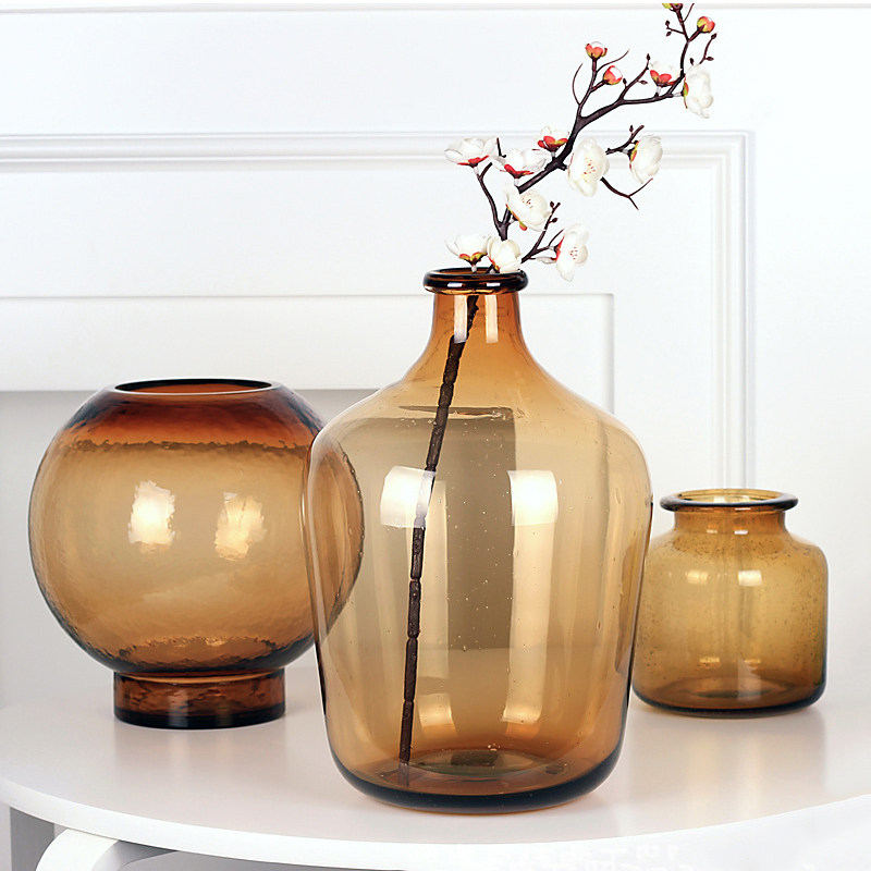 现代网红琥珀茶色汽泡玻璃花瓶半透明水培马醉木吊钟雪柳台面花器,淘宝优惠券,粉丝福利购,淘宝优惠卷