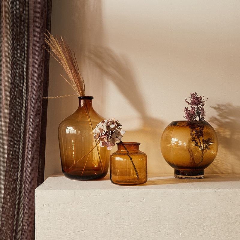 现代网红琥珀茶色汽泡玻璃花瓶半透明水培马醉木吊钟雪柳台面花器,淘宝优惠券,粉丝福利购,淘宝优惠卷