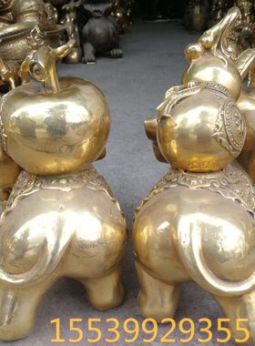 纯铜驮钱袋葫芦大象一对大号黄铜器家居办公装招财桌面手工摆件