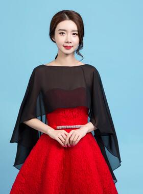 新款加大雪纺披肩白色红色婚礼斗篷披肩黑色披风无袖遮阳防晒披肩