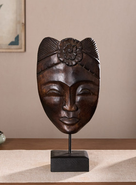 泰国复古风格木雕人脸装饰摆件
