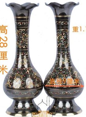 巴基斯坦铜器14寸彩点花瓶仿古典艺术手工雕刻铜花瓶家居摆设插花